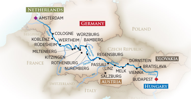 Amsterdam to Budapest Cruise Map